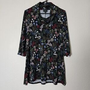 J. Jill Wearever Women's Small Petite Floral Cowl Neck Tunic Liquid Knit Travel